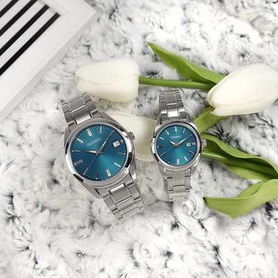 SEIKO 精工 / 簡約風格 日期 防水 不鏽鋼手錶 情人對錶-湖水藍色/40mm+30mm