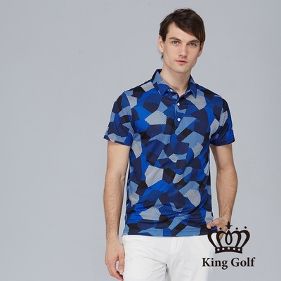 【KING GOLF】男款數位幾何條紋迷彩POLO衫/高爾夫球衫-深藍