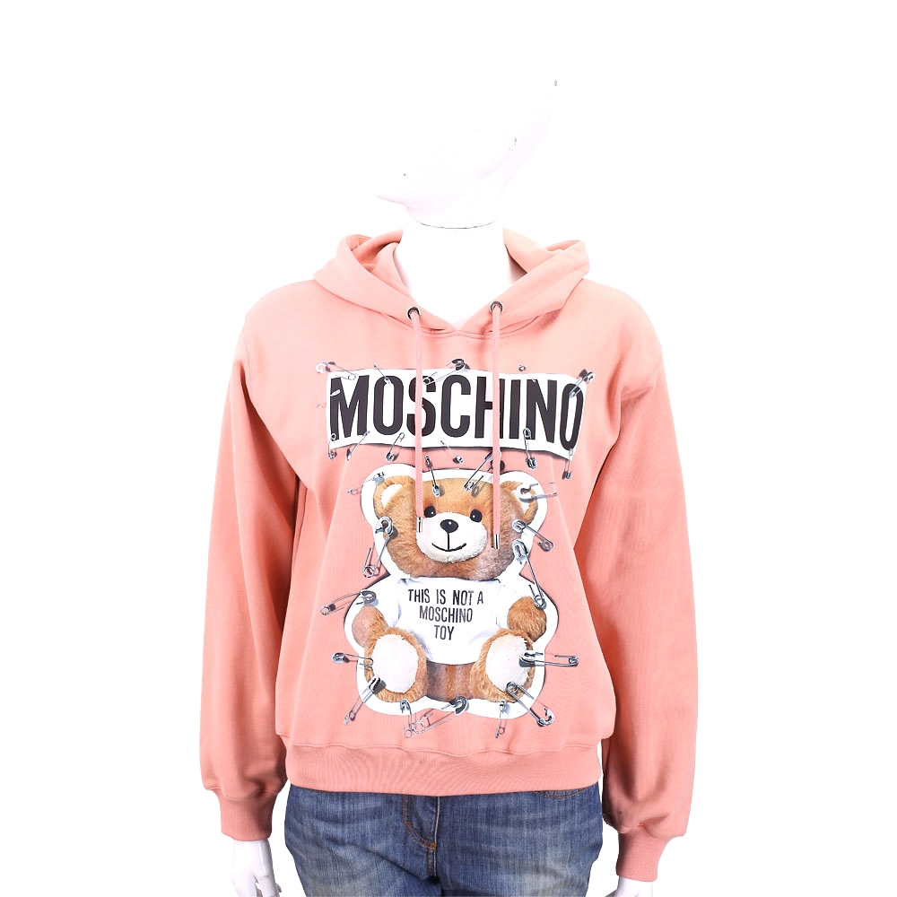 MOSCHINO 別針泰迪熊印花粉色連帽運動衫