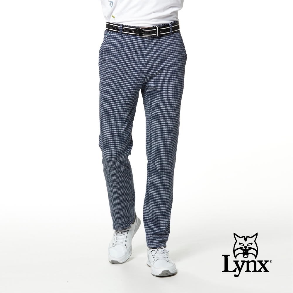 【Lynx Golf】男款日本進口布料格紋隱形拉鍊窄管平口休閒長褲-深藍色