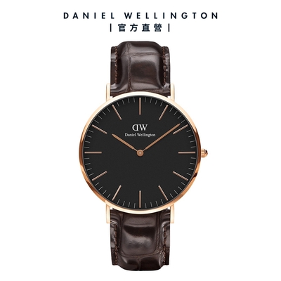 Daniel Wellington DW 手錶 Classic York 40mm黑棕壓紋真皮皮革錶-黑錶盤-玫瑰金框 DW00100128
