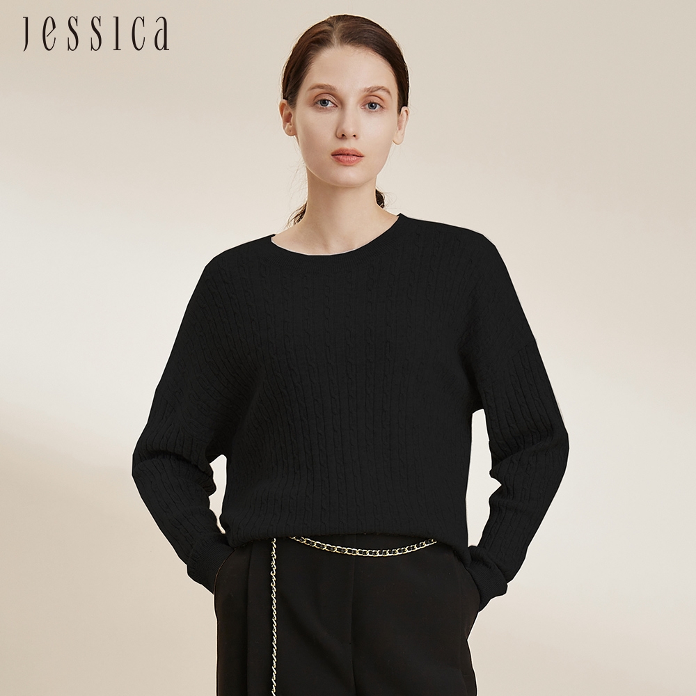 JESSICA - 柔軟羊絨羊毛圓領落肩針織羊毛衫224353（黑）