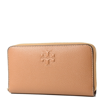 TORY BURCH THEA 浮雕LOGO荔枝紋拉鍊長夾-棕色/附活動卡夾