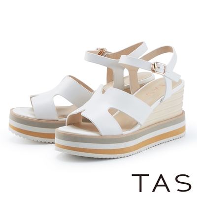 TAS 一字簍空牛皮高跟楔型涼鞋 米白