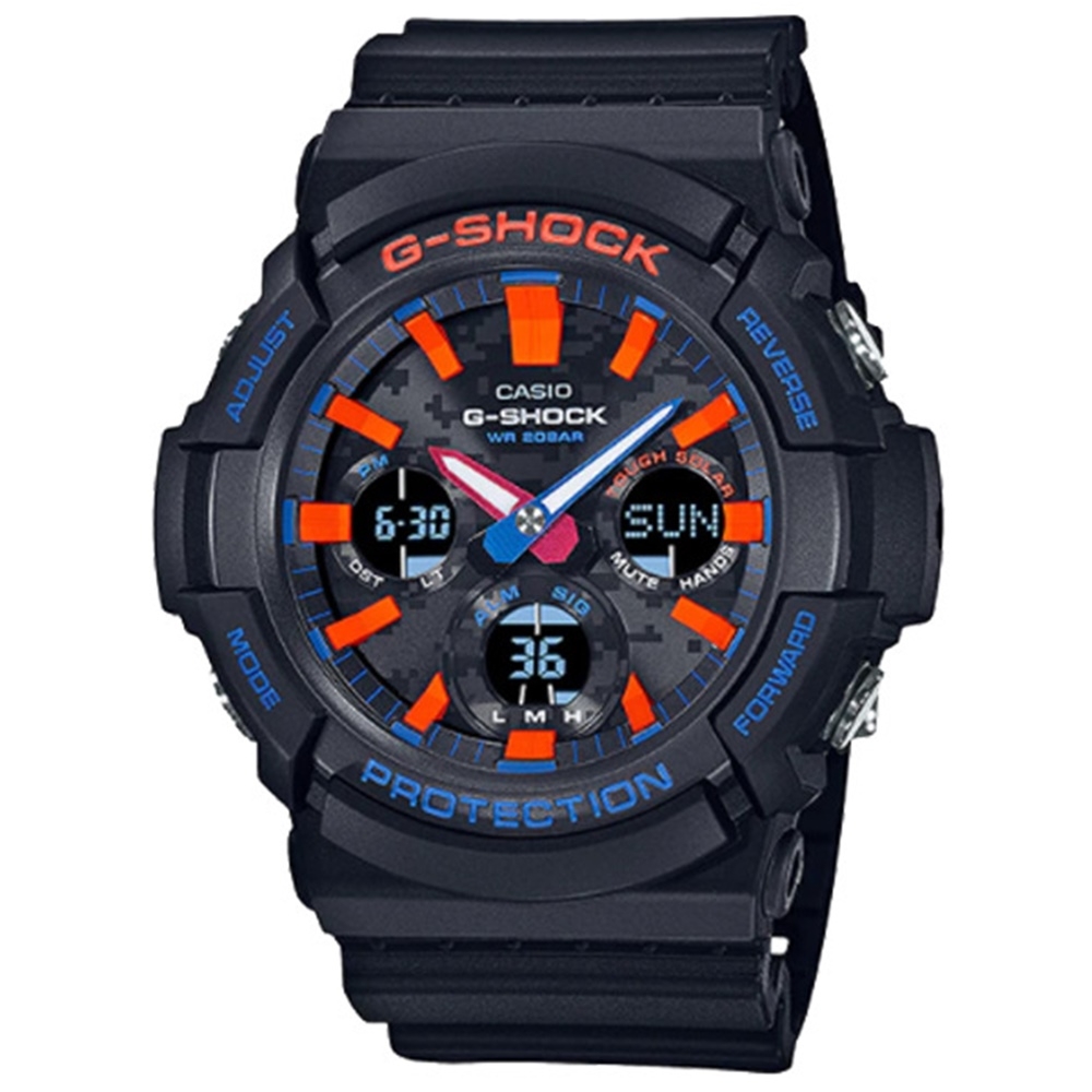 CASIO 卡西歐 G-SHOCK 雙顯手錶GAS-100CT-1A-黑x橘色/55.1mm