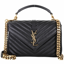 YSL Saint Laurent College 中型 復古銅金車縫線羊皮學院包(黑色)