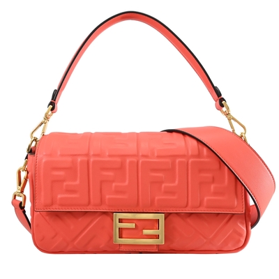 FENDI Baguette 經典FF壓紋手提肩背兩用法棍包(橘紅)