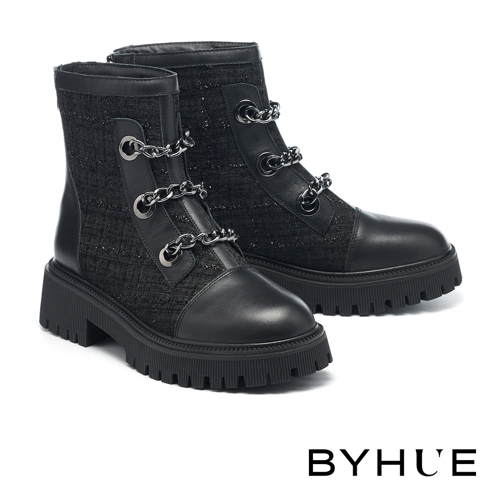 短靴 BYHUE 率性優雅金屬鍊條牛皮異材質軟芯厚底短靴－黑
