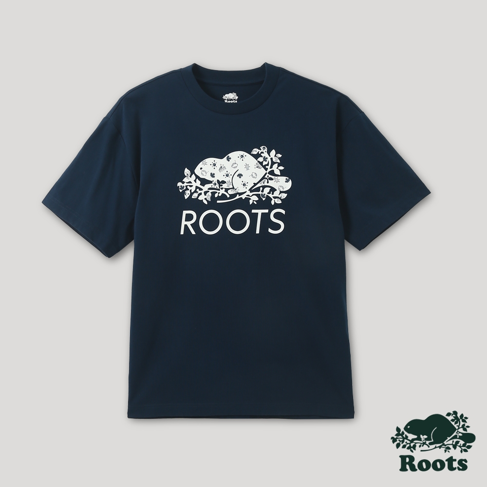 Roots男女共款-宇宙探索系列 數位海狸有機棉短袖T恤-深藍色
