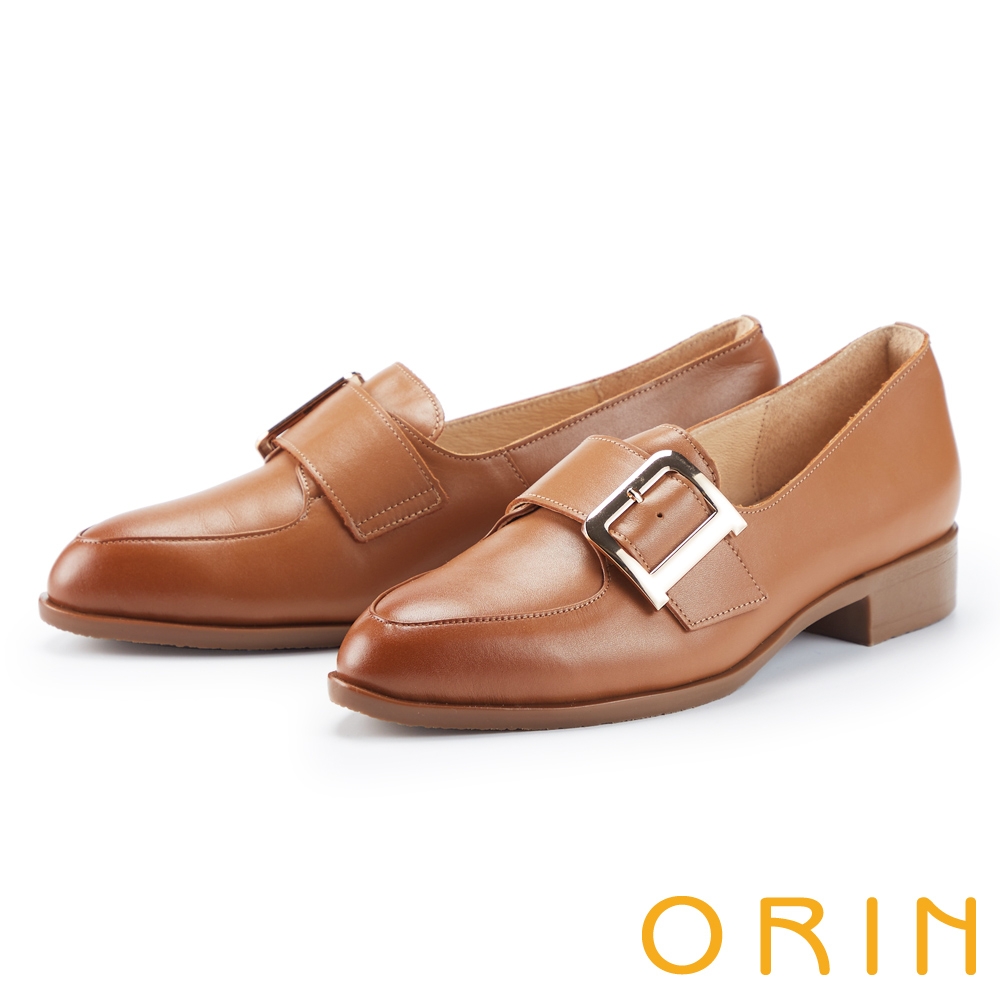 ORIN 皮帶金屬方釦牛皮低跟 女 樂福鞋 棕色