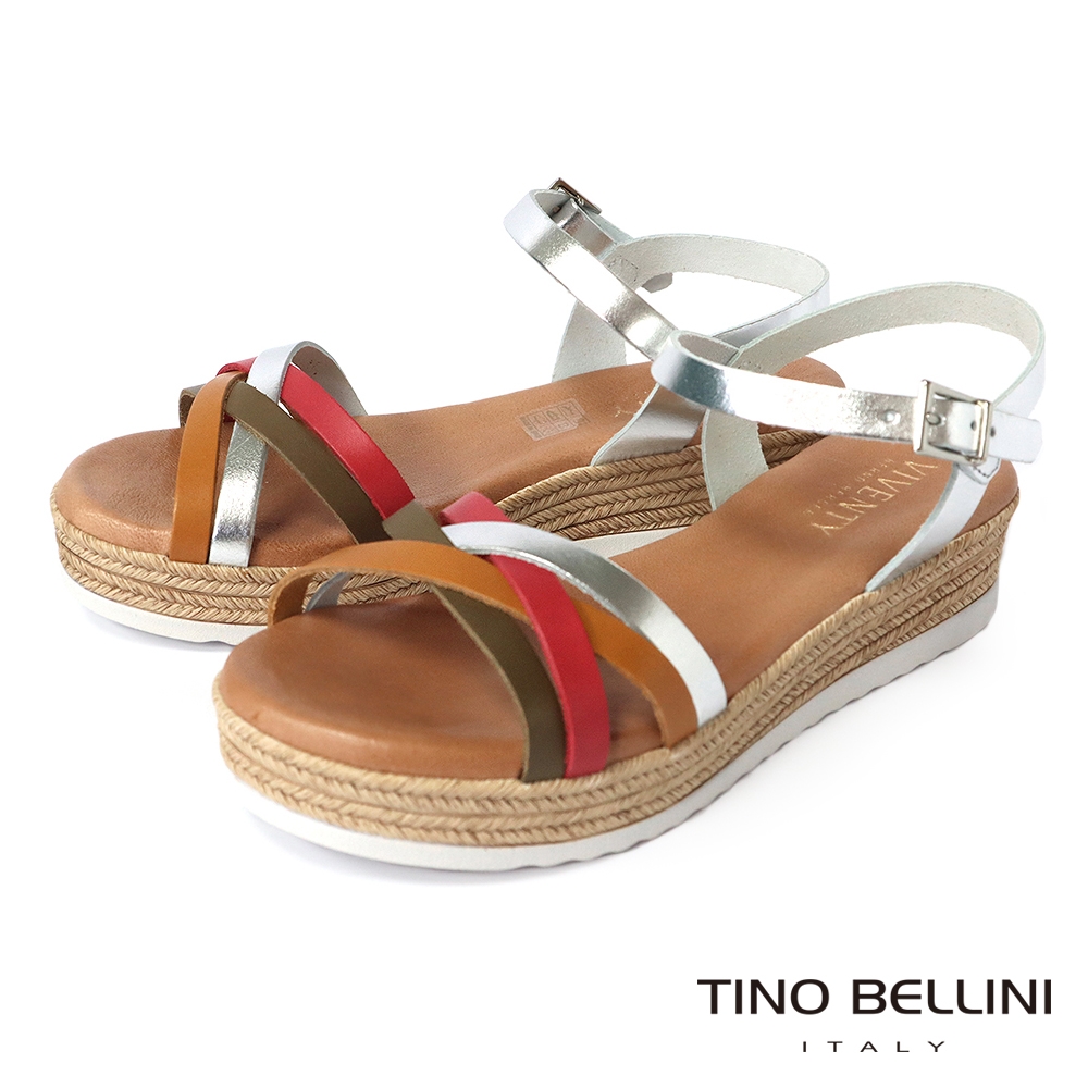 Tino Bellini 西班牙進口多彩交叉細帶繫踝厚底涼鞋-銀