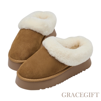 【Grace Gift】牛麂皮圓頭穆勒毛毛拖鞋 駝
