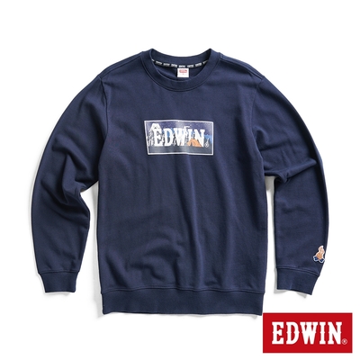 EDWIN 露營系列 富士山營地BOX LOGO厚長袖T恤-男-丈青色