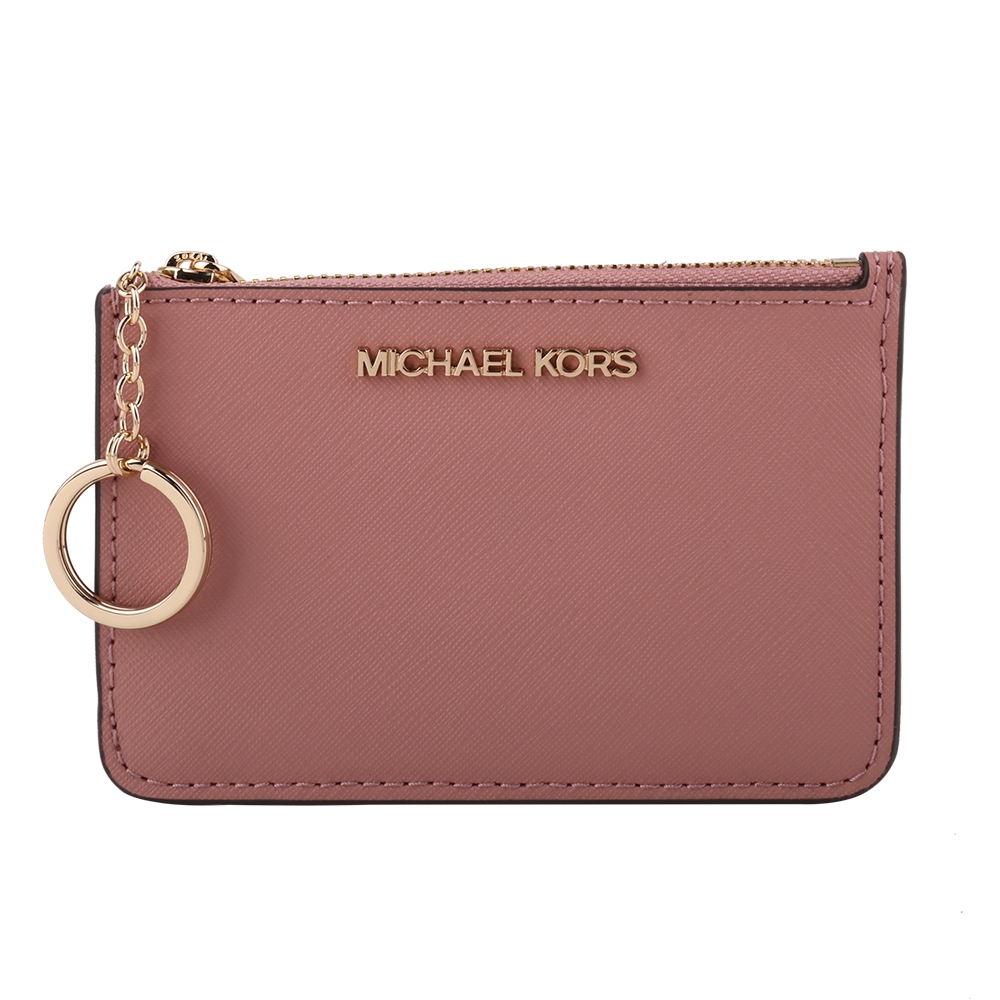 MICHAEL KORS 金字防刮方型拉鍊鑰匙圈零錢包 (玫瑰粉)