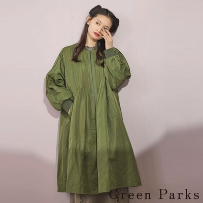Green Parks 細針褶軍裝感拉鍊長版大衣外套