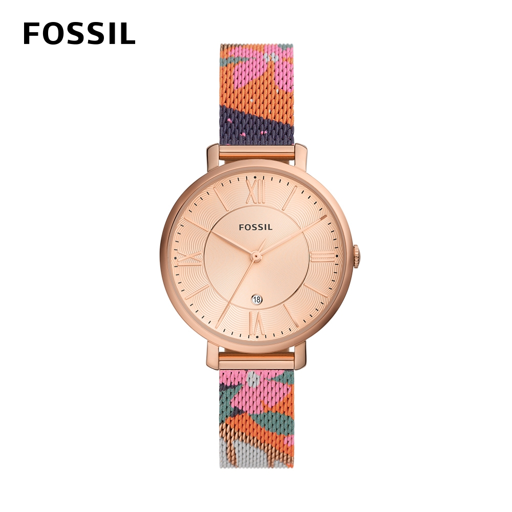 FOSSIL Jacqueline 經典夏日圖騰真皮女錶 玫瑰金不鏽鋼鍊帶 36MM ES5170