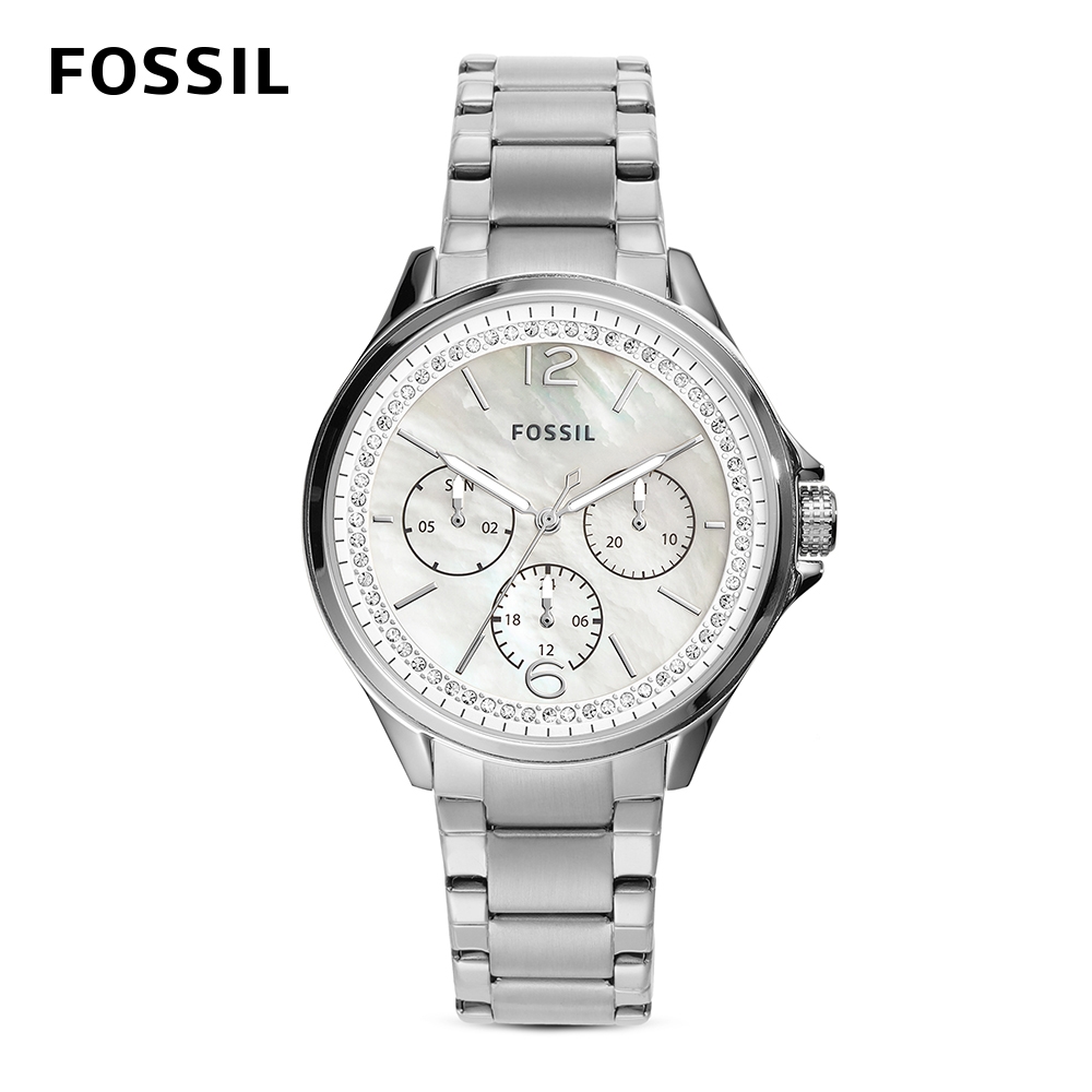 FOSSIL Sadie 錶圈鑲鑽三眼女錶 銀色不鏽鋼鍊帶 38MM ES4778
