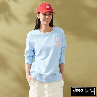 JEEP 女裝 品牌LOGO立體貼布繡大學T-淺藍色