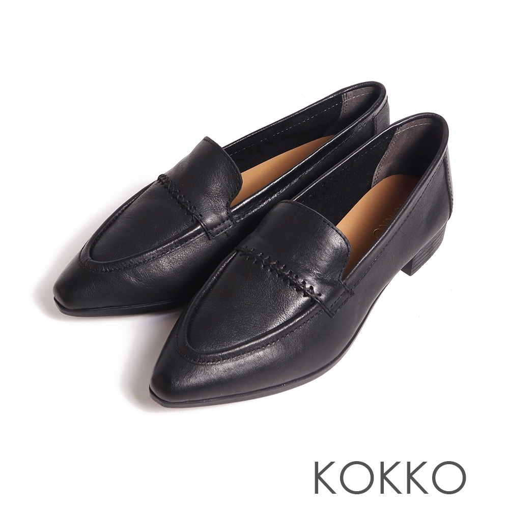 KOKKO輕量舒適復古蠟感牛皮低跟休閒鞋黑色