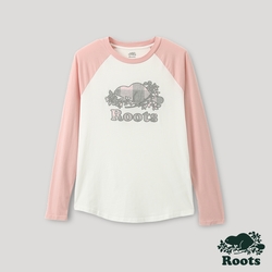 Roots 女裝- 格紋風潮系列 海狸LOGO棒球長袖T恤-粉橘