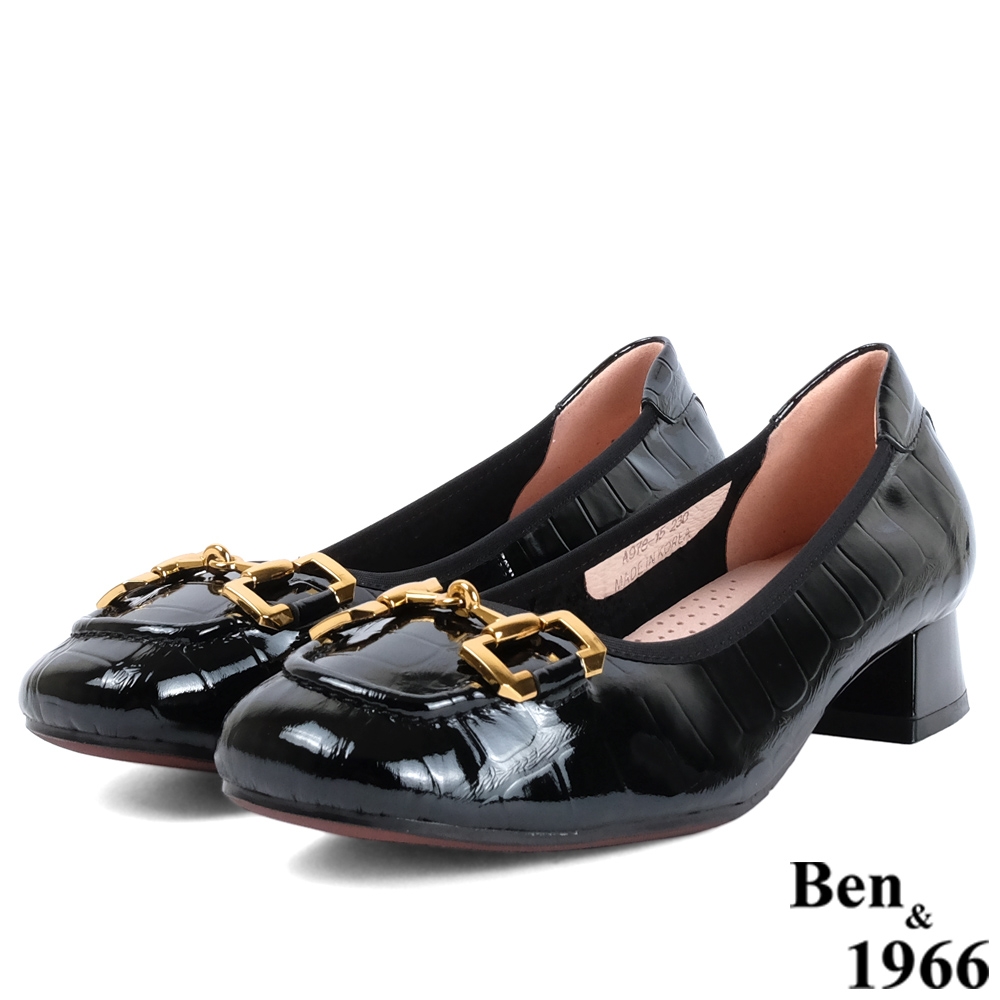 Ben&1966高級頭層牛漆皮壓紋低跟包鞋-黑(218191)