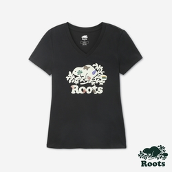 Roots女裝- OUTSIDERS BEAVER SLIM V-NECK 短袖T恤-黑色