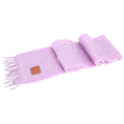 LOEWE 羊毛馬海毛混紡壓花皮標流蘇披肩 圍巾(淺紫)