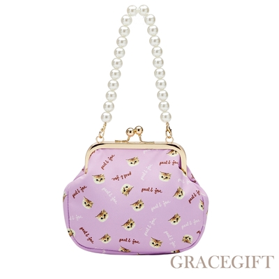 【Grace Gift】PAUL & JOE聯名-貓咪滿版印花珍珠鍊口金包 紫