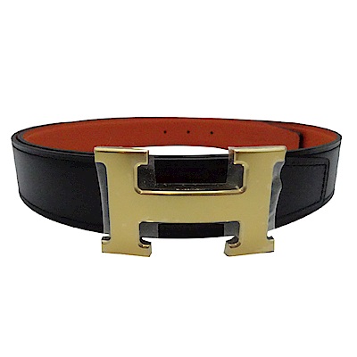 HERMES 金色H LOGO雙面用小牛皮腰帶/皮帶(黑x橘95公分)