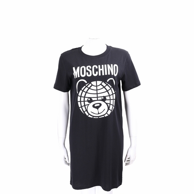 MOSCHINO 地球花紋泰迪熊印花黑色純棉長版TEE 洋裝