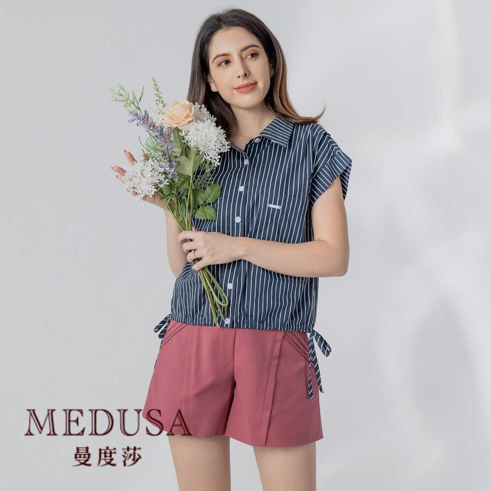 現貨【MEDUSA 曼度莎】藍白直紋闊肩綁結襯衫（M-XL）｜女上衣 女短袖上衣 短袖襯衫