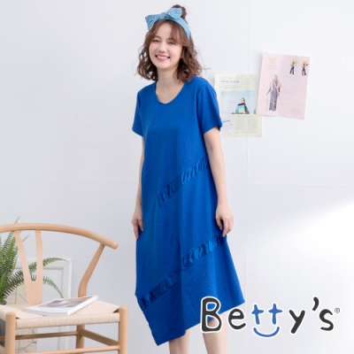betty’s貝蒂思 緞面拼接長版短袖洋裝(寶藍)