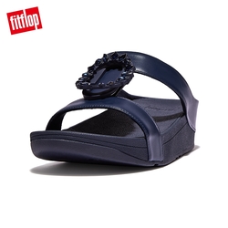 【FitFlop】LULU CRYSTAL CIRCLET LEATHER H-BAR SLIDES 環形水鑽H型涼鞋-女(午夜藍)