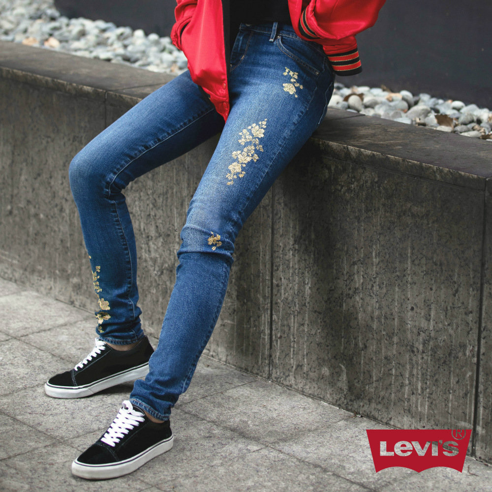 Levis 女款 711 中腰緊身窄管牛仔長褲 亞洲限量金刺繡 彈性布料