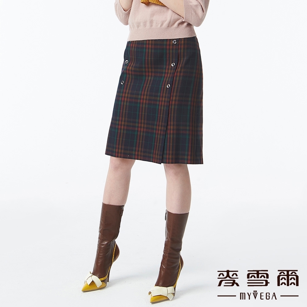 MYVEGA麥雪爾 排釦格紋膝短裙-深藍 product image 1