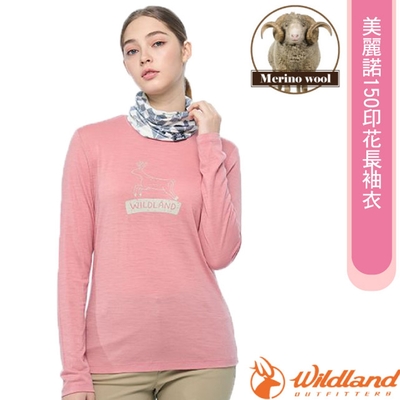 荒野WildLand 女 100%美麗諾150印花長袖衣.抗菌抗臭.四面彈性_乾燥玫瑰