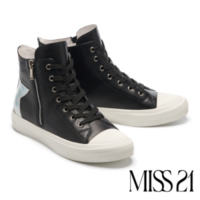 休閒鞋 MISS 21 玩味星星造型全真皮拉鍊厚底休閒鞋－黑