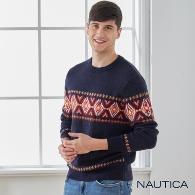 Nautica 男裝 復古花紋彈性長袖針織衫-深藍