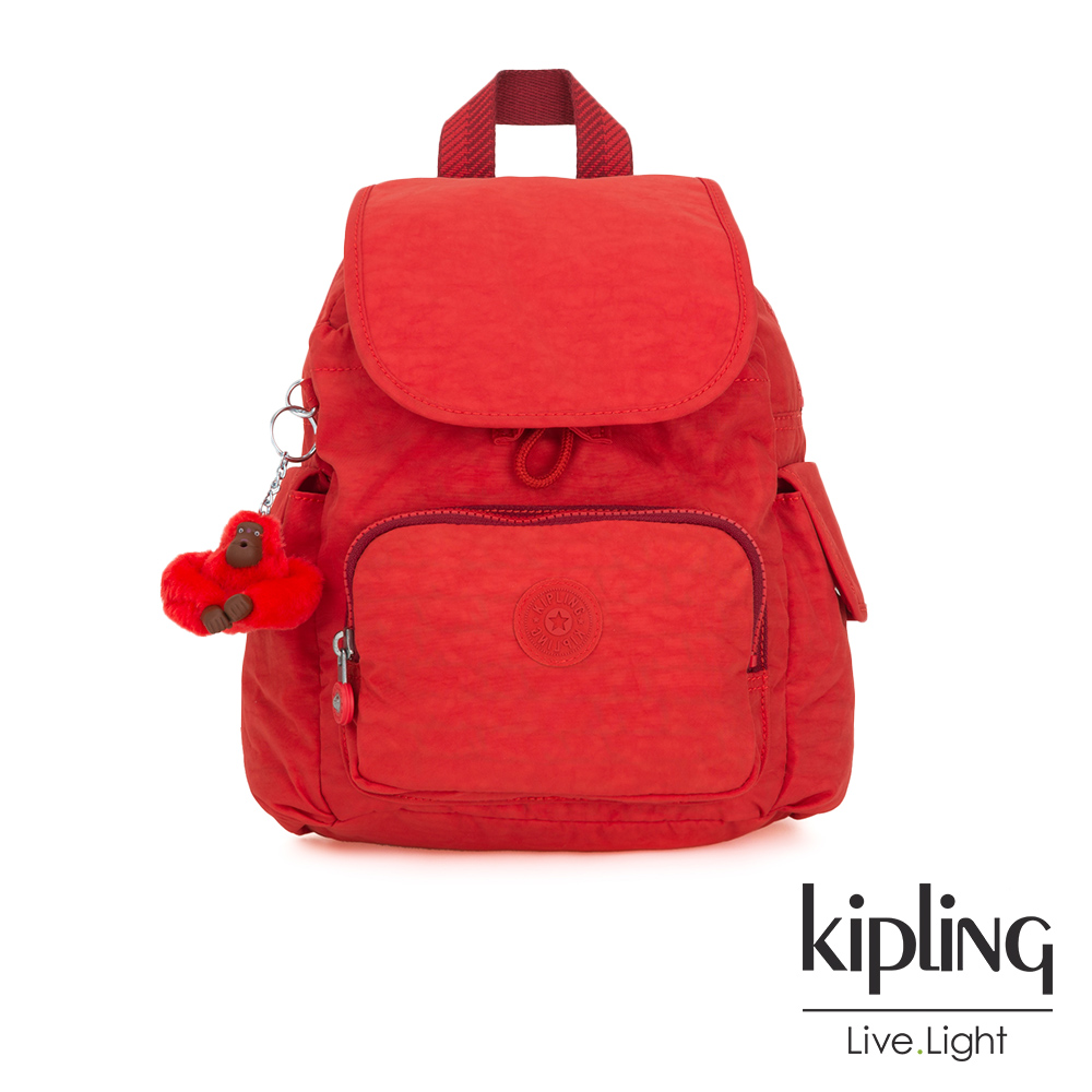 Kipling 珊瑚紅素面拉鍊掀蓋後背包-CITY PACK MINI