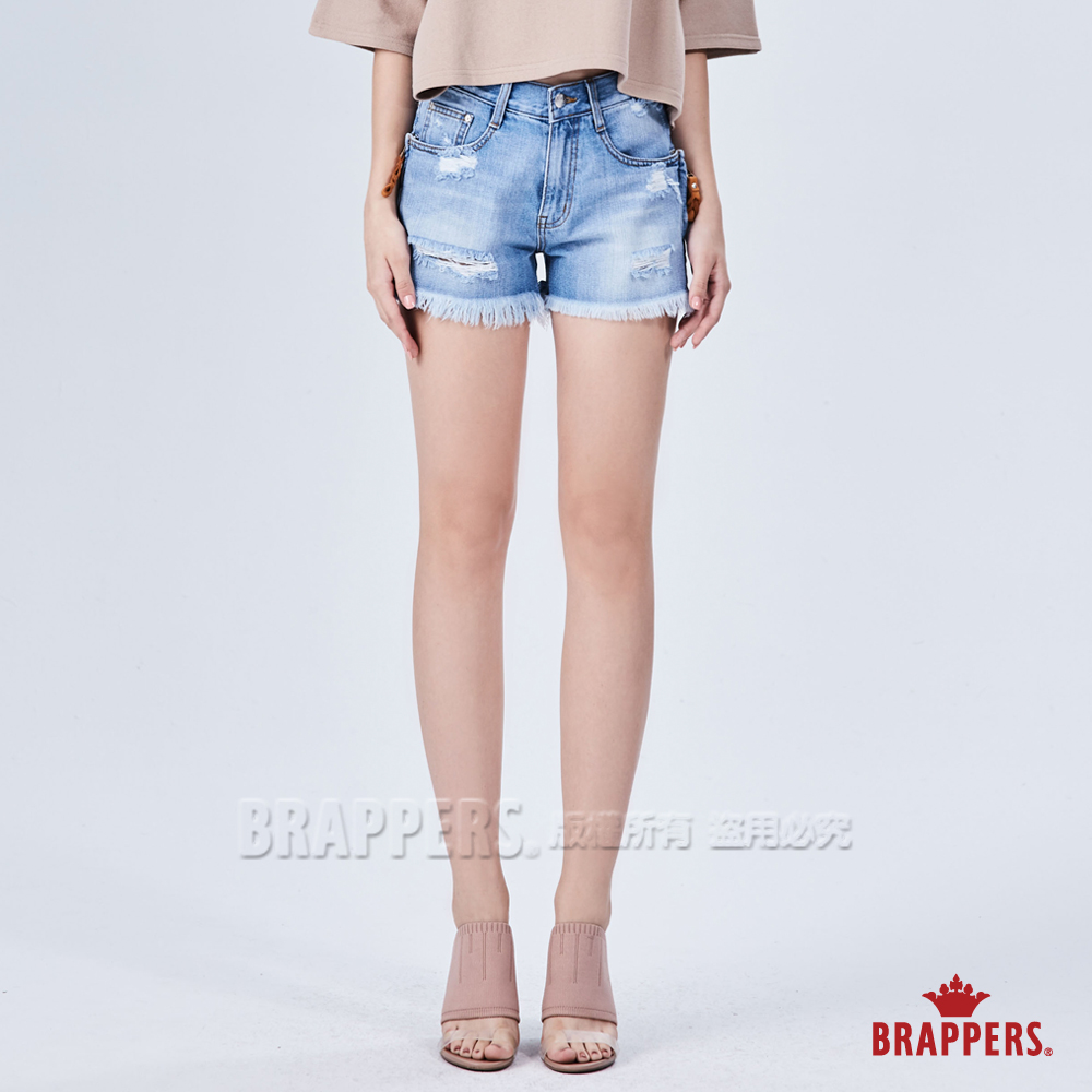 BRAPPERS 女款 Boy friend系列-拉鍊造型刷破短褲-淺藍