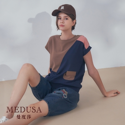 現貨【MEDUSA 曼度莎】I Care 拼色小口袋裝飾T恤（M-XL）｜女上衣 女短袖上衣 女T恤