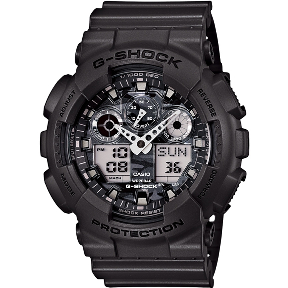 CASIO G-SHOCK 超人氣迷彩雙顯多功能錶(GA-100CF-8) 灰