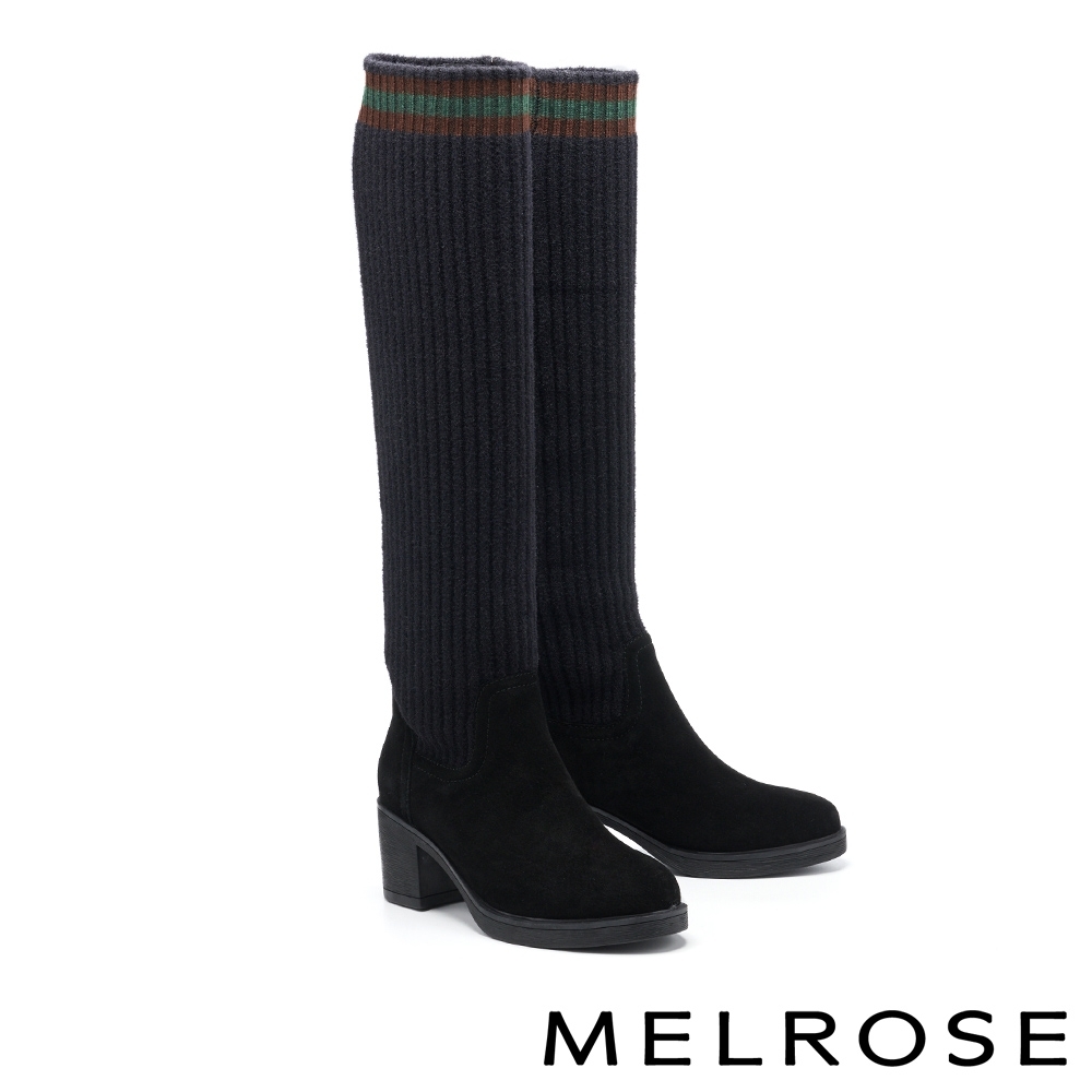 長靴 MELROSE 暖和質感純色拼接造型高跟長靴－黑