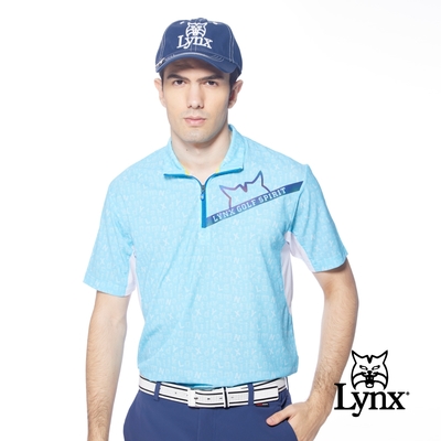 【Lynx Golf】男款吸溼排汗蛀蟲紗材質大山貓印花短袖立領POLO衫/高爾夫球衫-淺藍色