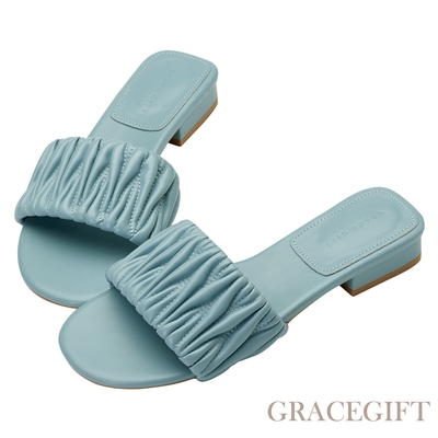 【Grace Gift】雲朵抓皺低跟拖鞋 淺藍
