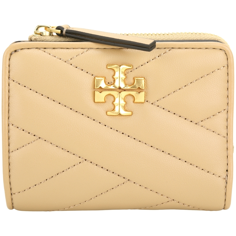 TORY BURCH Kira Chevron 新版雙T標誌小羊皮釦式L拉零袋短夾(裸膚)