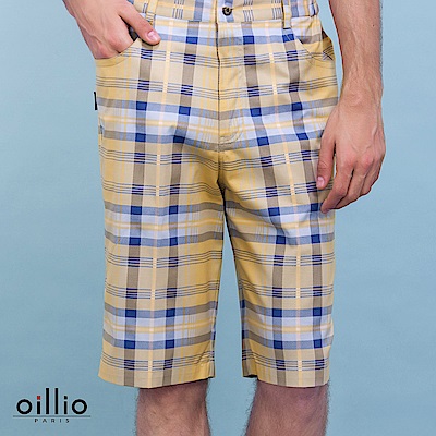 oillio歐洲貴族 休閒漸層顏色格紋短褲 棉質搭配彈性布料 黃色