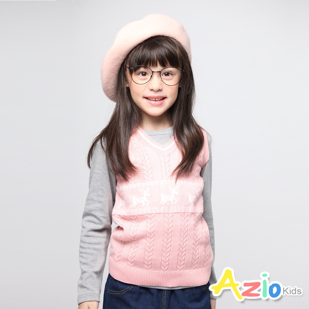 Azio Kids 女童 背心 麻花針織麋鹿圖騰背心 (粉)