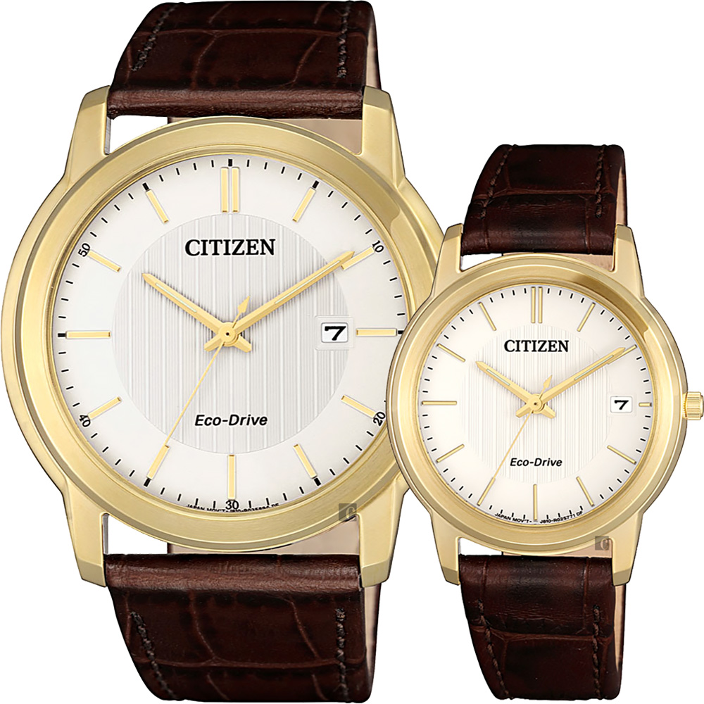 CITIZEN 星辰 Eco-Drive 光動能城市對錶-金框x咖啡/42+33mm AW1212-10A+FE6012-11A