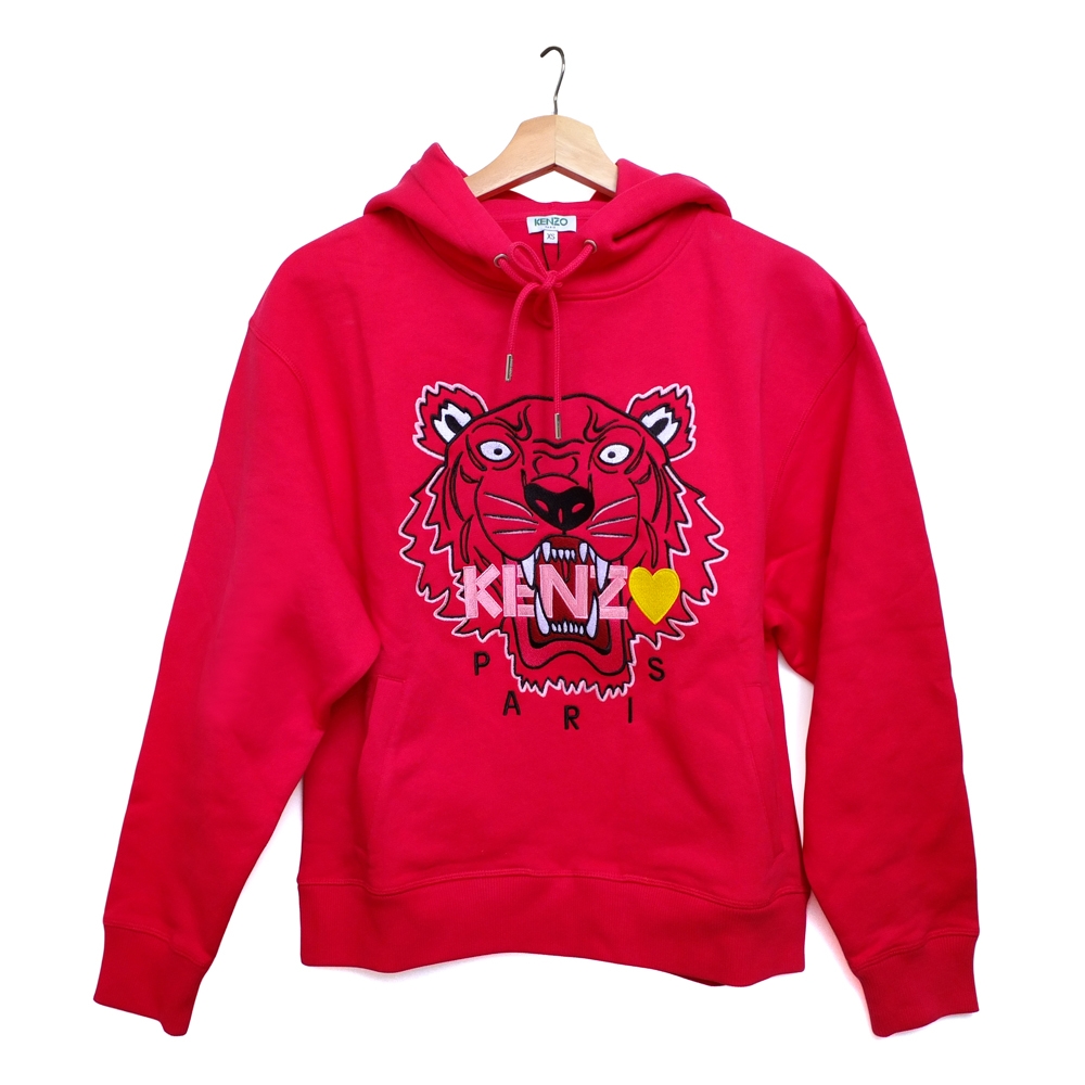 KENZO 特別款經典刺繡虎頭粉紅英文字母黃色小愛心女款長䄂上衣 (XS/桃紅色)